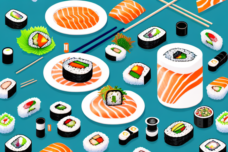 A range of delicious sushi varieties on a rotating sushi conveyor belt with iconic landmarks of belo horizonte (bh) in the background